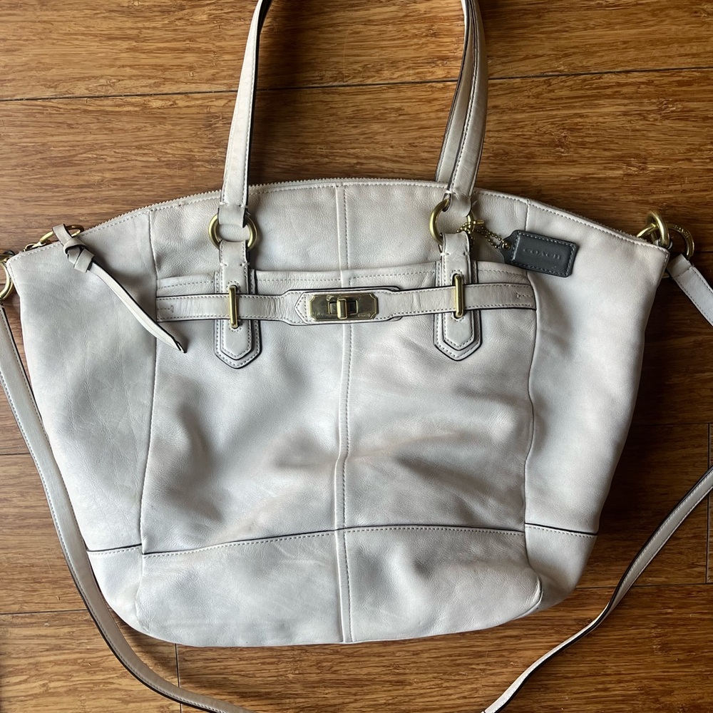 Coach Cream Leather Tote with Adjustable Strap and Metal Clasp